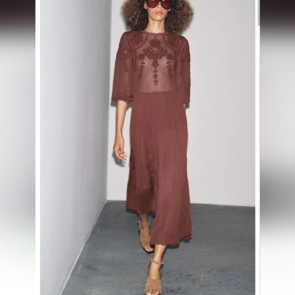 Zara Brown Midi Dress with Lace Detail